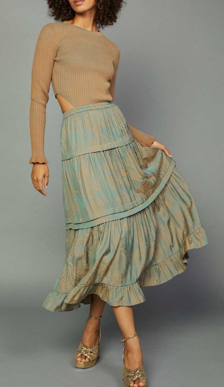 Anthropologie CURRENT AIR Sabrina Sand Seafoam Mixed Media Cutout Knit Midi S